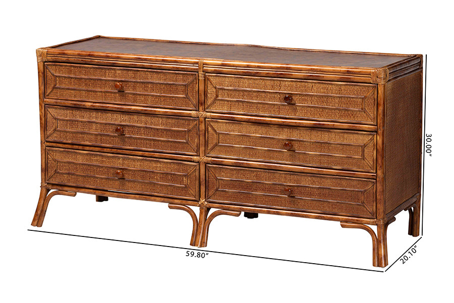 bali & pari Basile Marbled Tortoise Natural Rattan Dresser - 6-Drawer Horizontal Storage Cabinet with Geometric Overlay for Bedroom