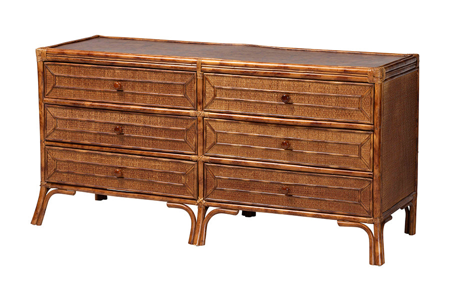 bali & pari Basile Marbled Tortoise Natural Rattan Dresser - 6-Drawer Horizontal Storage Cabinet with Geometric Overlay for Bedroom