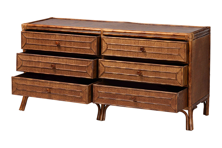 bali & pari Basile Marbled Tortoise Natural Rattan Dresser - 6-Drawer Horizontal Storage Cabinet with Geometric Overlay for Bedroom