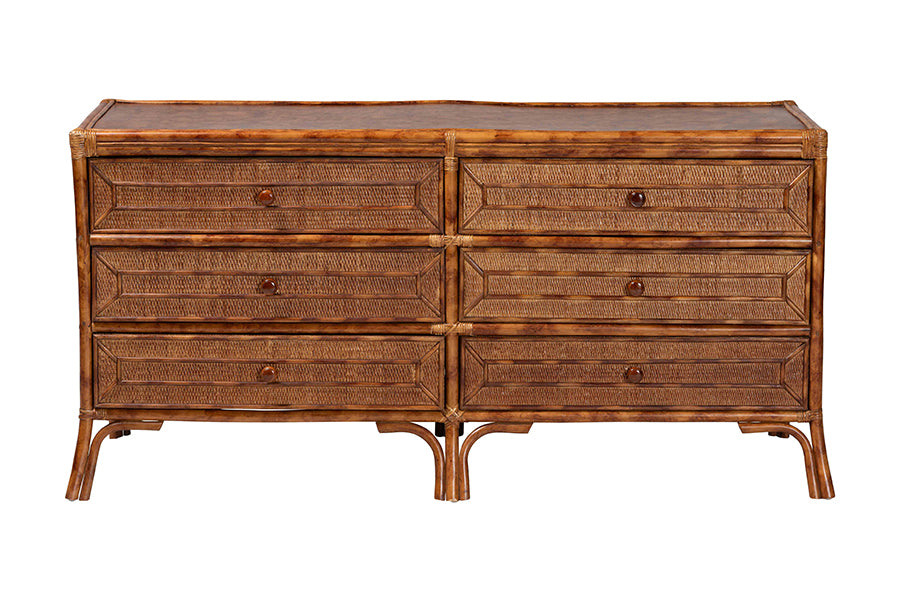 bali & pari Basile Marbled Tortoise Natural Rattan Dresser - 6-Drawer Horizontal Storage Cabinet with Geometric Overlay for Bedroom