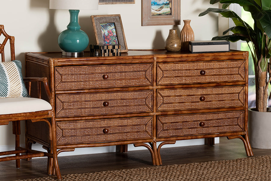 bali & pari Basile Marbled Tortoise Natural Rattan Dresser - 6-Drawer Horizontal Storage Cabinet with Geometric Overlay for Bedroom