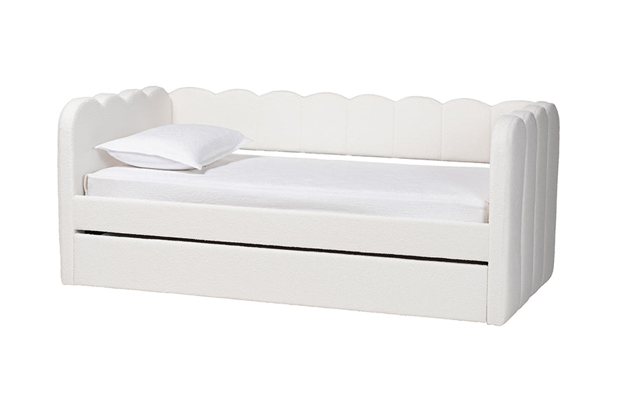 Baxton Studio Palmer Cream Teddy-Bear Fabric Daybed with Rolling Trundle - Scalloped Edge Daybed with Plush Upholstery, Modern Sofa Bed for Bedroom or Guest Room, Twin