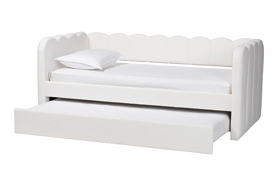 Baxton Studio Palmer Cream Teddy-Bear Fabric Daybed with Rolling Trundle - Scalloped Edge Daybed with Plush Upholstery, Modern Sofa Bed for Bedroom or Guest Room, Twin