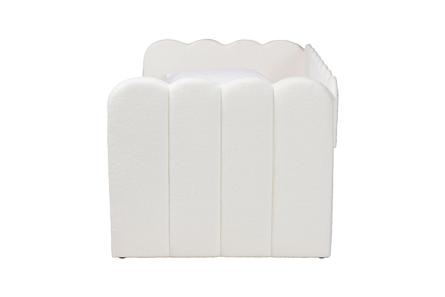 Baxton Studio Palmer Cream Teddy-Bear Fabric Daybed with Rolling Trundle - Scalloped Edge Daybed with Plush Upholstery, Modern Sofa Bed for Bedroom or Guest Room, Twin
