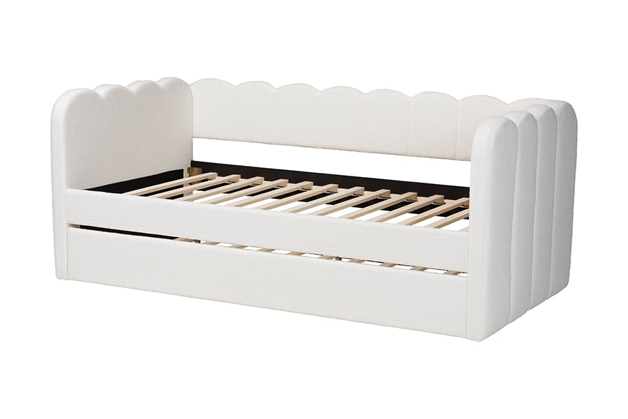 Baxton Studio Palmer Cream Teddy-Bear Fabric Daybed with Rolling Trundle - Scalloped Edge Daybed with Plush Upholstery, Modern Sofa Bed for Bedroom or Guest Room, Twin