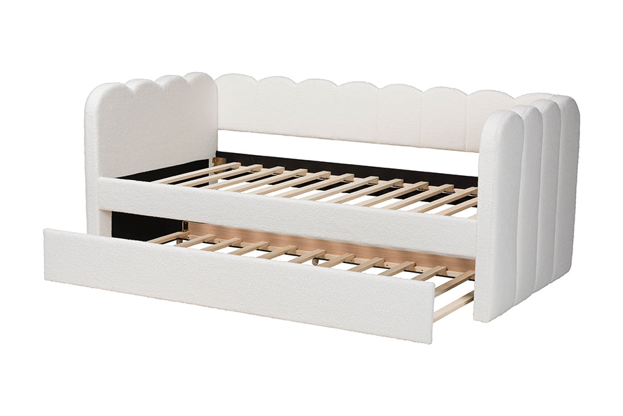Baxton Studio Palmer Cream Teddy-Bear Fabric Daybed with Rolling Trundle - Scalloped Edge Daybed with Plush Upholstery, Modern Sofa Bed for Bedroom or Guest Room, Twin