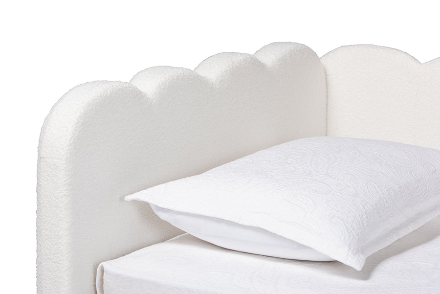 Baxton Studio Palmer Cream Teddy-Bear Fabric Daybed with Rolling Trundle - Scalloped Edge Daybed with Plush Upholstery, Modern Sofa Bed for Bedroom or Guest Room, Twin