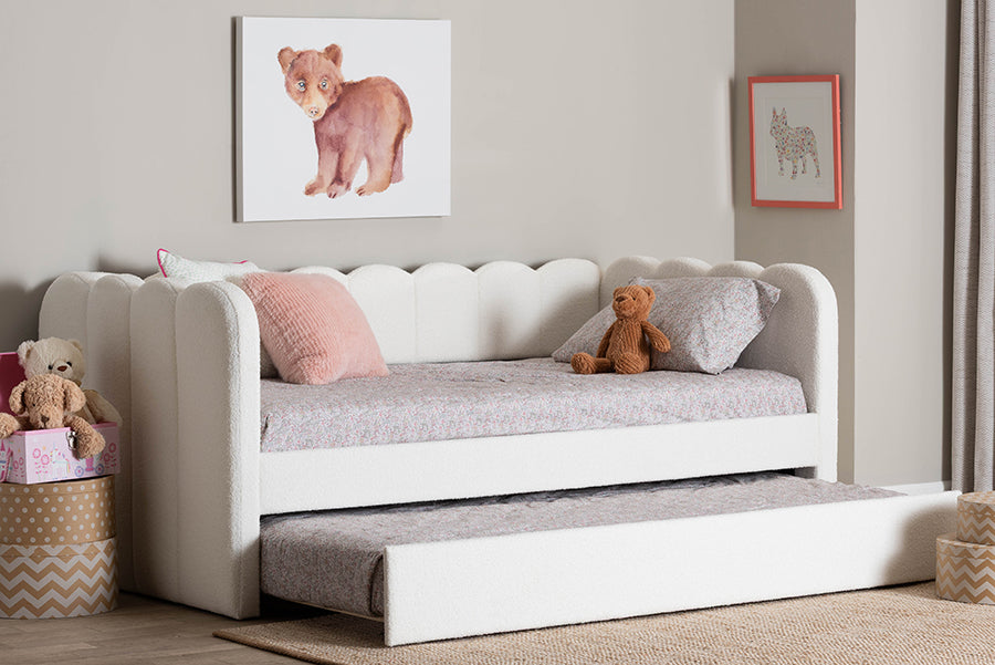 Baxton Studio Palmer Cream Teddy-Bear Fabric Daybed with Rolling Trundle - Scalloped Edge Daybed with Plush Upholstery, Modern Sofa Bed for Bedroom or Guest Room, Twin