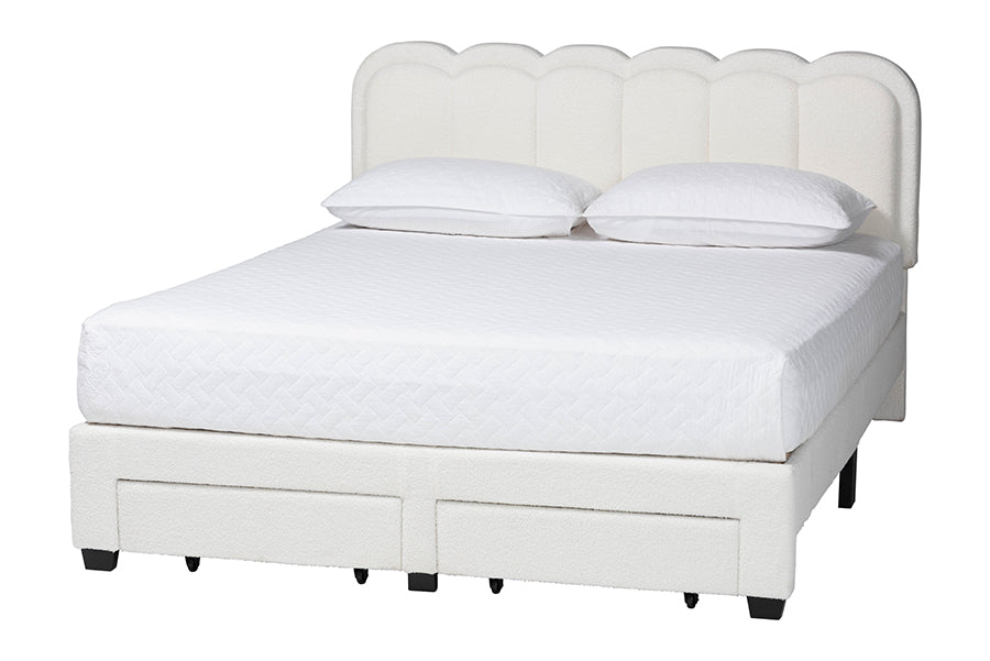 Baxton Studio Caradonna Cream Teddy-Bear Fabric Bed with Storage Drawers - Fully Upholstered Platform Bed with Scalloped Headboard, Queen