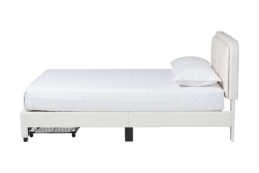 Baxton Studio Caradonna Cream Teddy-Bear Fabric Bed with Storage Drawers - Fully Upholstered Platform Bed with Scalloped Headboard, Queen