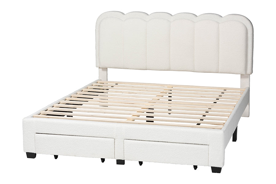 Baxton Studio Caradonna Cream Teddy-Bear Fabric Bed with Storage Drawers - Fully Upholstered Platform Bed with Scalloped Headboard, Queen