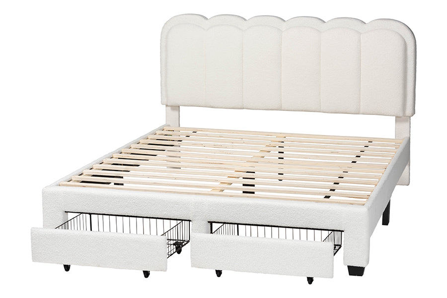 Baxton Studio Caradonna Cream Teddy-Bear Fabric Bed with Storage Drawers - Fully Upholstered Platform Bed with Scalloped Headboard, Queen