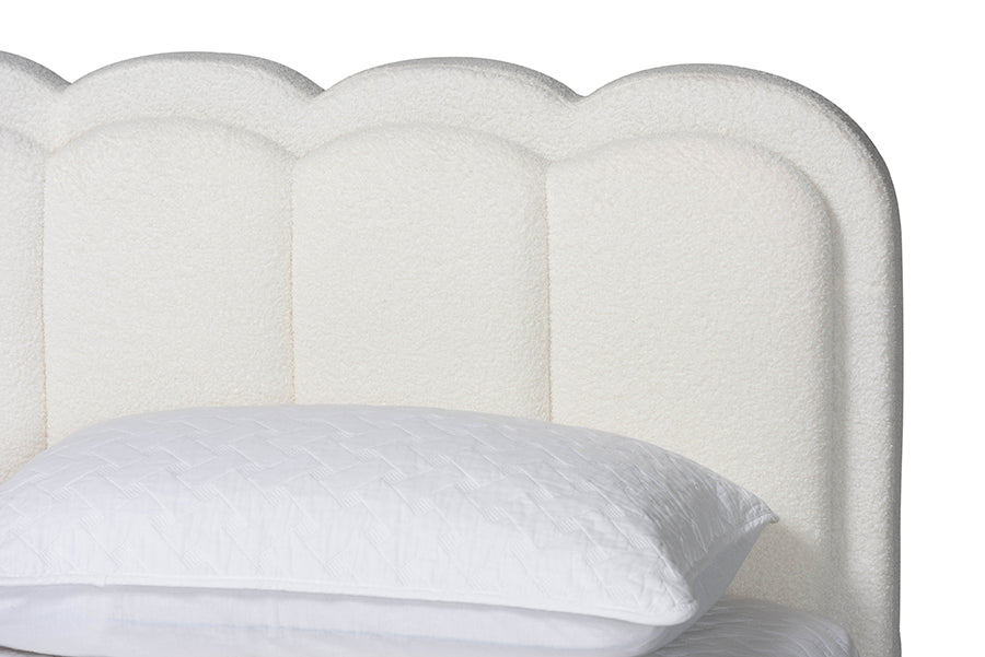 Baxton Studio Caradonna Cream Teddy-Bear Fabric Bed with Storage Drawers - Fully Upholstered Platform Bed with Scalloped Headboard, Queen