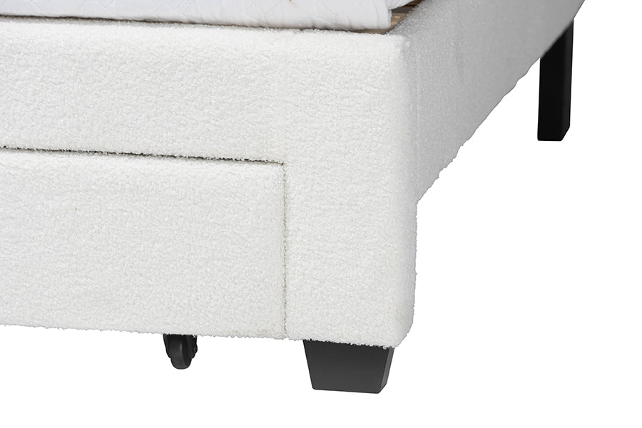 Baxton Studio Caradonna Cream Teddy-Bear Fabric Bed with Storage Drawers - Fully Upholstered Platform Bed with Scalloped Headboard, Queen