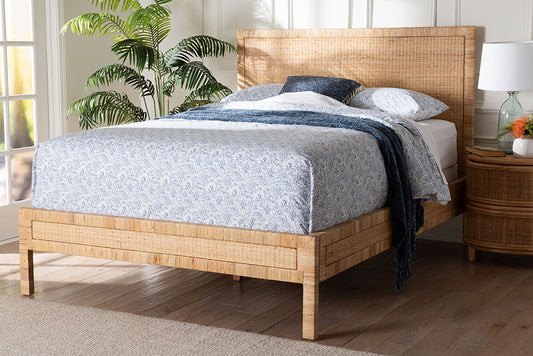 bali & pari Kalimantan Natural Rattan Bed - Coastal Boho Style Bed Frame with Woven Detailing, Queen