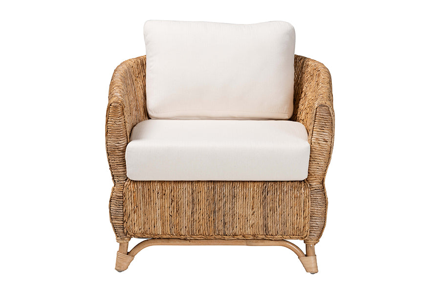 bali & pari Roma Rattan and Seagrass Armchair with Cushions - Handwoven Lounge Chair with Wide Armrests and Sculptural Base, Boho Coastal Living Room Furniture