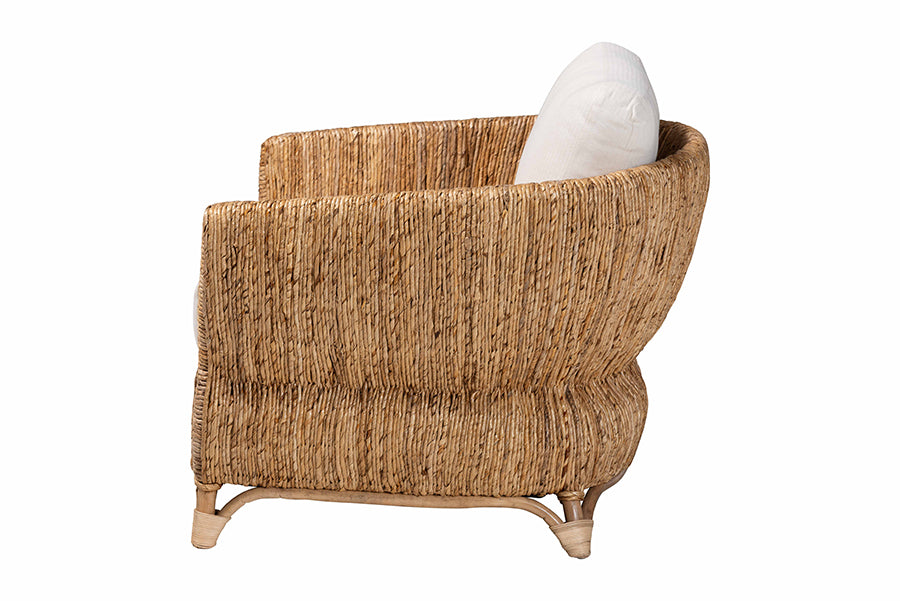 bali & pari Roma Rattan and Seagrass Armchair with Cushions - Handwoven Lounge Chair with Wide Armrests and Sculptural Base, Boho Coastal Living Room Furniture