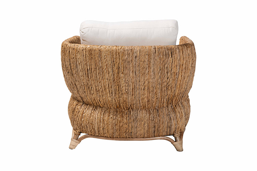 bali & pari Roma Rattan and Seagrass Armchair with Cushions - Handwoven Lounge Chair with Wide Armrests and Sculptural Base, Boho Coastal Living Room Furniture