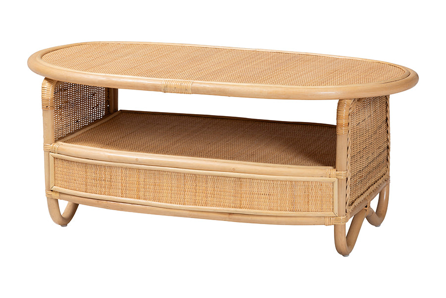 bali & pari Dyna Natural Rattan Coffee Table with Open Shelf - Handwoven Wicker Accent Table with Oval Tabletop and Braided Weavings, Coastal Boho Living Room Centerpiece