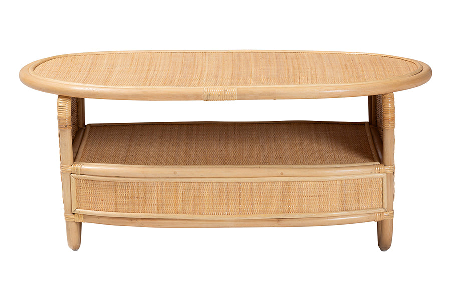 bali & pari Dyna Natural Rattan Coffee Table with Open Shelf - Handwoven Wicker Accent Table with Oval Tabletop and Braided Weavings, Coastal Boho Living Room Centerpiece