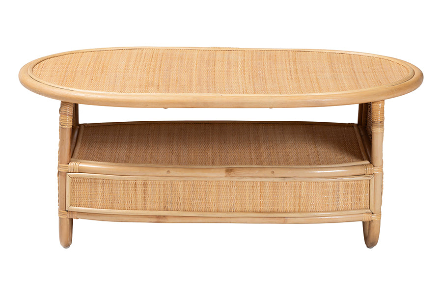 bali & pari Dyna Natural Rattan Coffee Table with Open Shelf - Handwoven Wicker Accent Table with Oval Tabletop and Braided Weavings, Coastal Boho Living Room Centerpiece