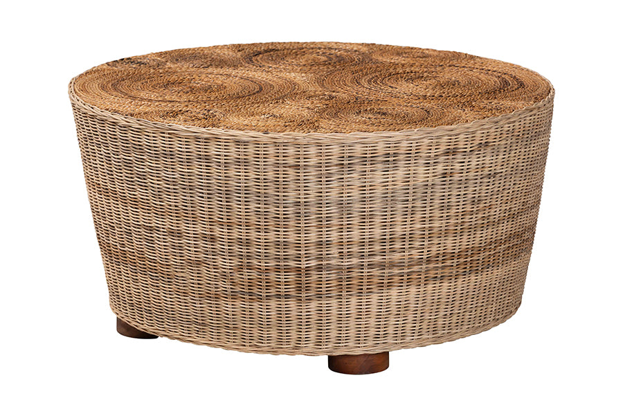 bali & pari Hosanna Natural Rattan Coffee Table - Handwoven Wicker Accent Table with Textured Spiral Top for Living Room or Lounge