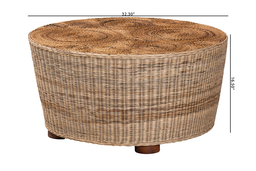 bali & pari Hosanna Natural Rattan Coffee Table - Handwoven Wicker Accent Table with Textured Spiral Top for Living Room or Lounge