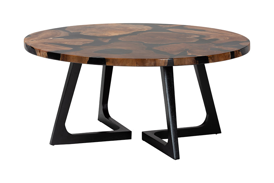 bali & pari Agata Wood and Epoxy Resin Coffee Table - Handcrafted Live Edge Teak Accent Table with Sculptural Base