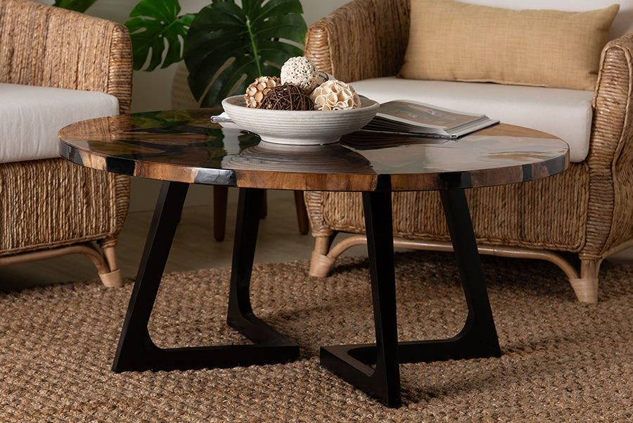 bali & pari Agata Wood and Epoxy Resin Coffee Table - Handcrafted Live Edge Teak Accent Table with Sculptural Base