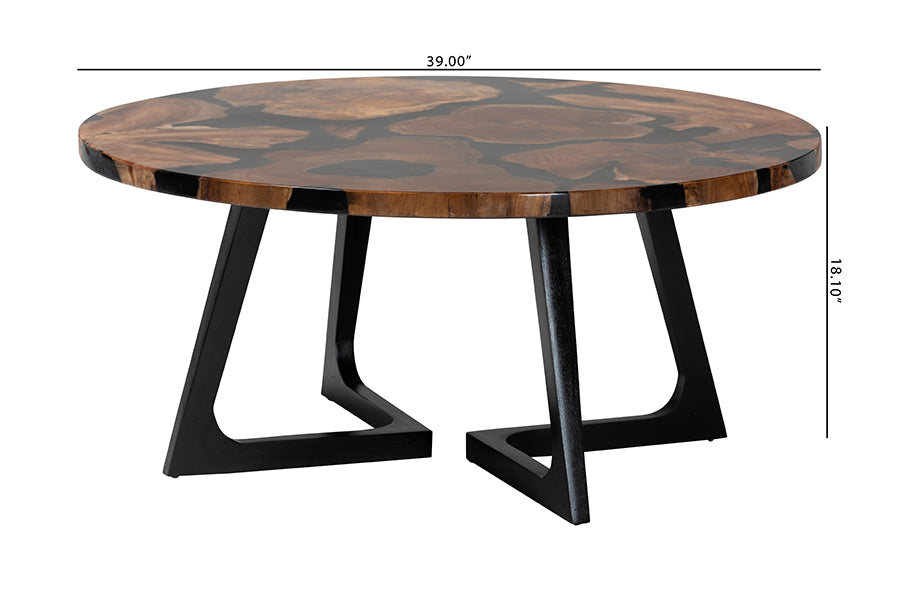 bali & pari Agata Wood and Epoxy Resin Coffee Table - Handcrafted Live Edge Teak Accent Table with Sculptural Base