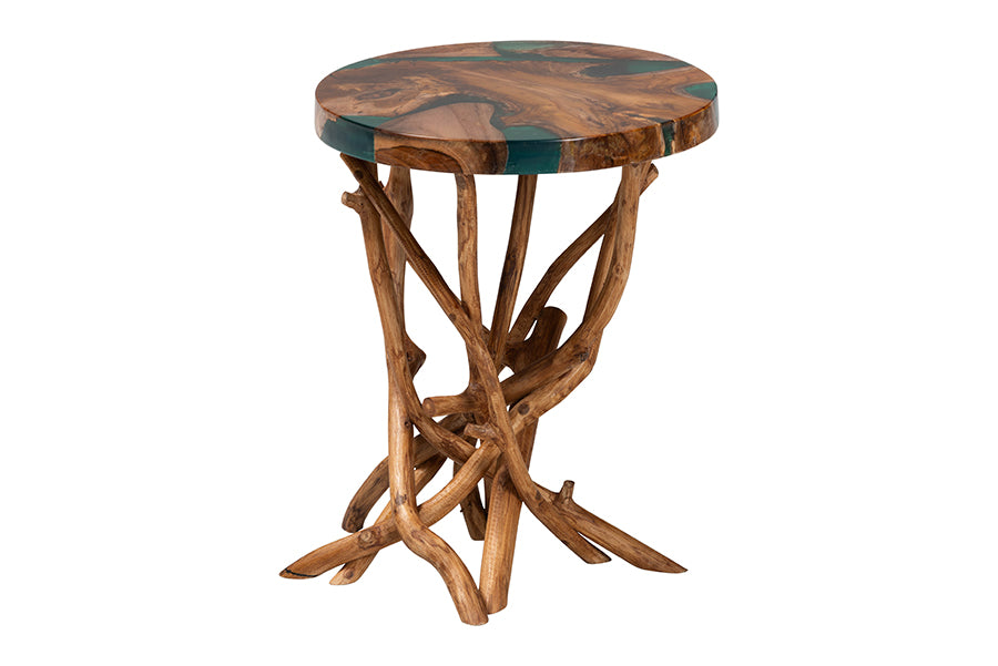 bali & pari Amada Teak Wood Epoxy Resin End Table - Round Live Edge Side Table with Branch Legs, Handcrafted Modern Rustic Accent Table