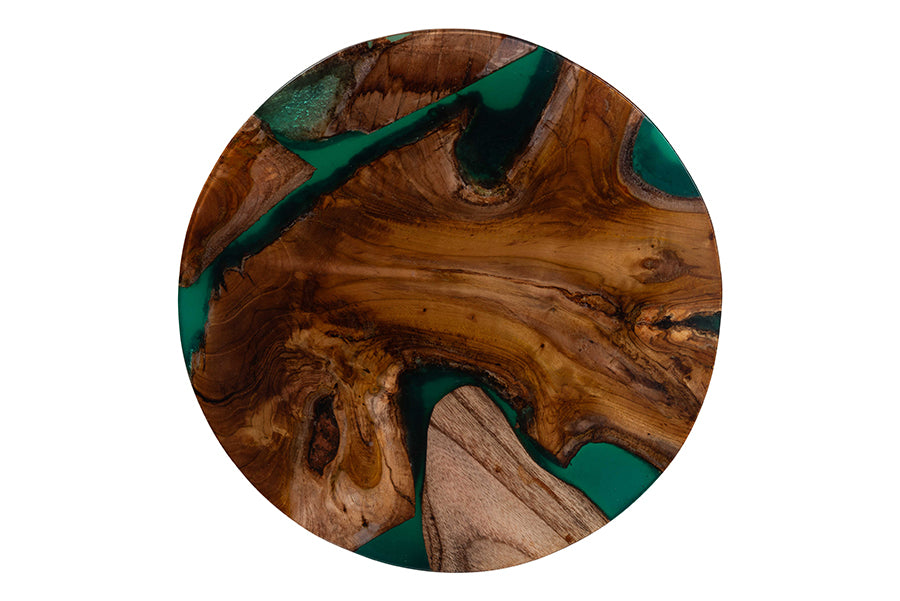 bali & pari Amada Teak Wood Epoxy Resin End Table - Round Live Edge Side Table with Branch Legs, Handcrafted Modern Rustic Accent Table