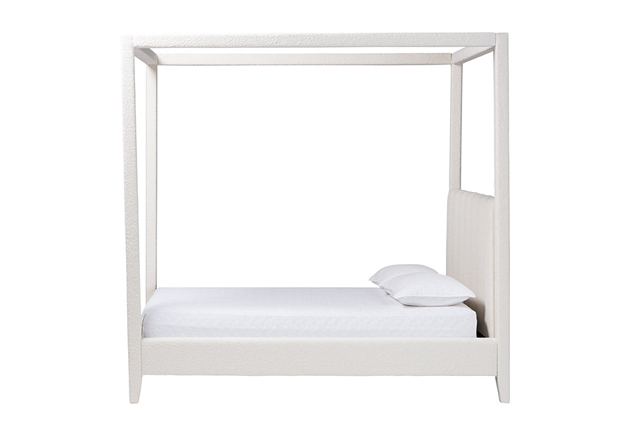 Baxton Studio Aerona Boucle Upholstered Canopy Bed - Four Poster Platform Bed with Channel-Tufted Headboard, Cream, Queen