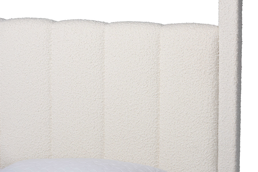 Baxton Studio Aerona Boucle Upholstered Canopy Bed - Four Poster Platform Bed with Channel-Tufted Headboard, Cream, Queen