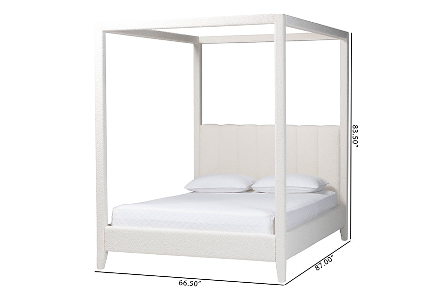 Baxton Studio Aerona Boucle Upholstered Canopy Bed - Four Poster Platform Bed with Channel-Tufted Headboard, Cream, Queen