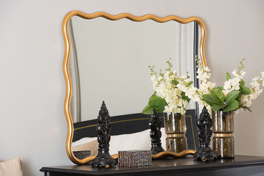 Baxton Studio Cassara Gold Scalloped Rectangular Wall Mirror – Decorative Curved Edge Accent for Living Room, Bedroom, or Entryway