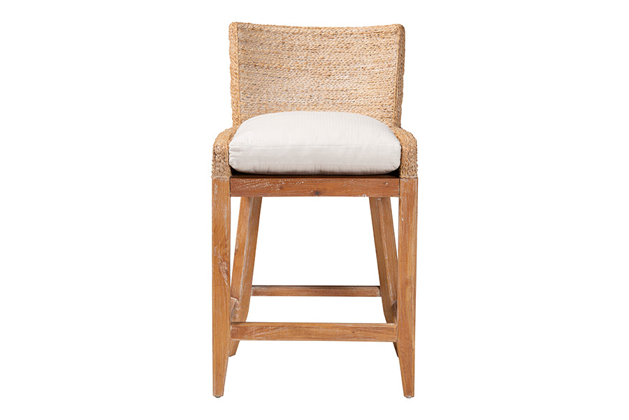 bali & pari Ridley Seagrass Counter Stool with Mahogany Wood Frame - Coastal Seating with Woven Square Back and Cushioned Seat for Kitchen Island or Breakfast Bar, Whitewash