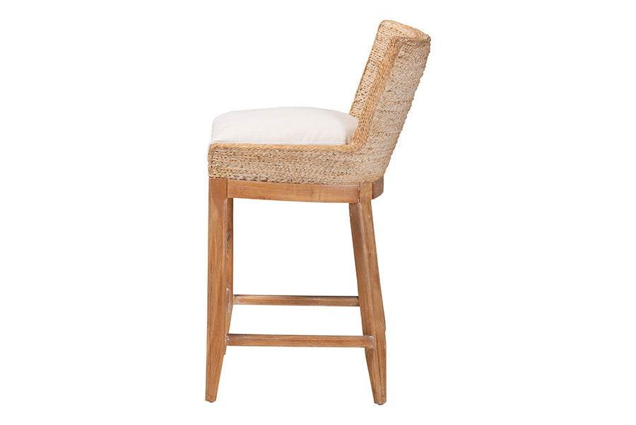 bali & pari Ridley Seagrass Counter Stool with Mahogany Wood Frame - Coastal Seating with Woven Square Back and Cushioned Seat for Kitchen Island or Breakfast Bar, Whitewash