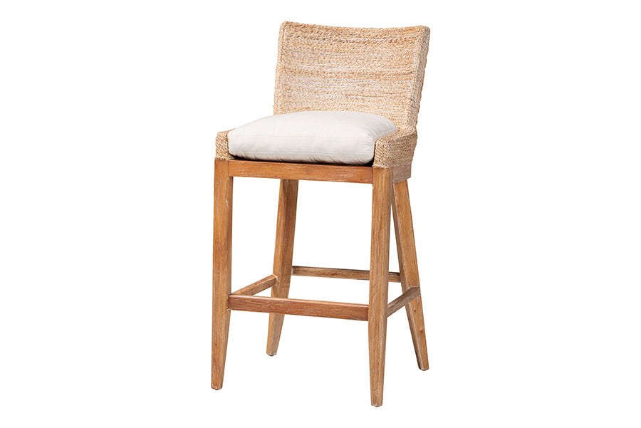 bali & pari Ridley Seagrass Bar Stool with Mahogany Wood Frame - Coastal Seating with Woven Square Back and Cushioned Seat for Bar Island or Lounge, Whitewash