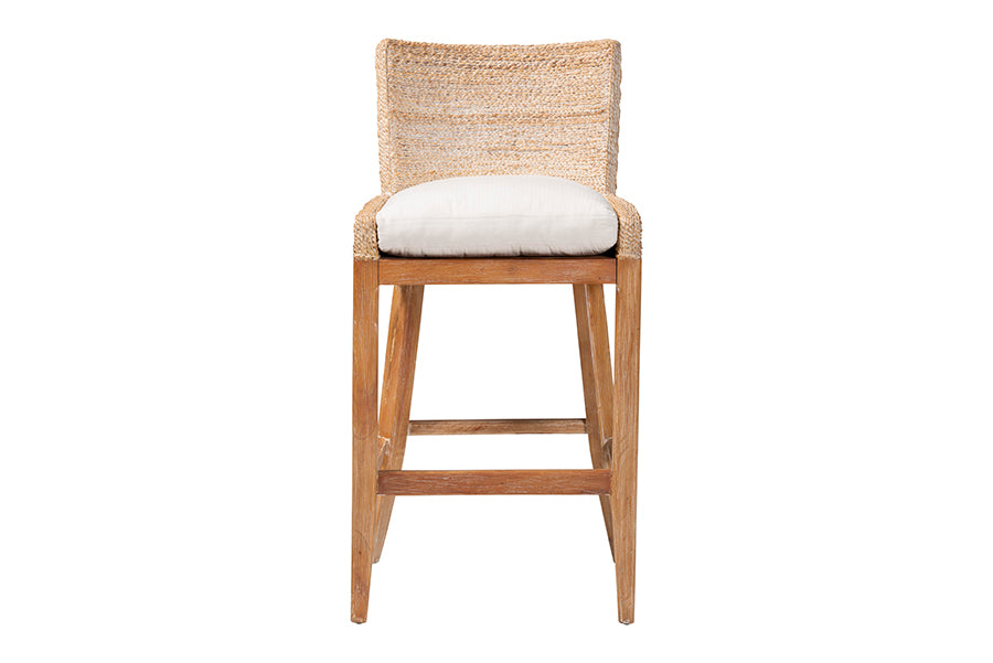 bali & pari Ridley Seagrass Bar Stool with Mahogany Wood Frame - Coastal Seating with Woven Square Back and Cushioned Seat for Bar Island or Lounge, Whitewash