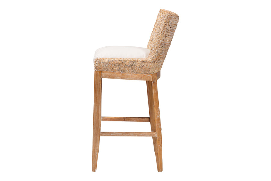 bali & pari Ridley Seagrass Bar Stool with Mahogany Wood Frame - Coastal Seating with Woven Square Back and Cushioned Seat for Bar Island or Lounge, Whitewash