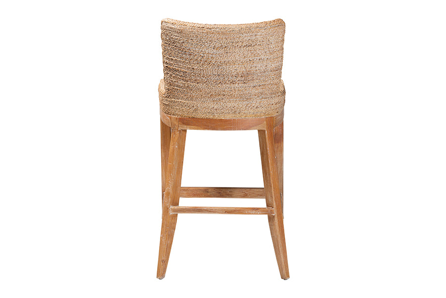 bali & pari Ridley Seagrass Bar Stool with Mahogany Wood Frame - Coastal Seating with Woven Square Back and Cushioned Seat for Bar Island or Lounge, Whitewash