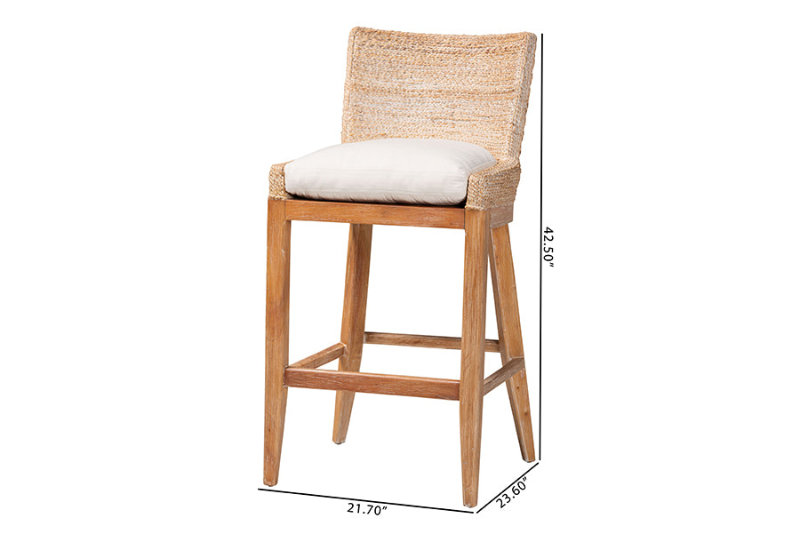 bali & pari Ridley Seagrass Bar Stool with Mahogany Wood Frame - Coastal Seating with Woven Square Back and Cushioned Seat for Bar Island or Lounge, Whitewash
