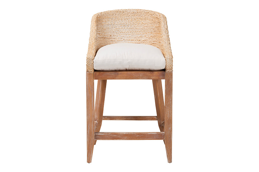 bali & pari Jasper Seagrass Counter Stool with Mahogany Wood Frame - Coastal Seating with Woven Wingback and Cushioned Seat for Kitchen Island or Breakfast Bar, Whitewash
