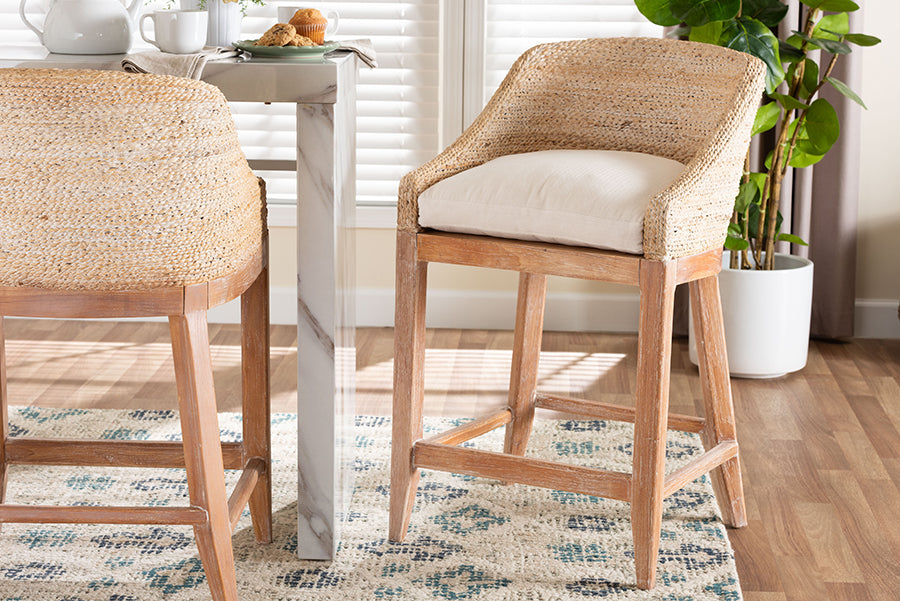 bali & pari Jasper Seagrass Counter Stool with Mahogany Wood Frame - Coastal Seating with Woven Wingback and Cushioned Seat for Kitchen Island or Breakfast Bar, Whitewash