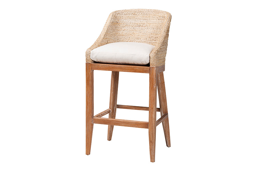 bali & pari Jasper Seagrass Bar Stool with Mahogany Wood Frame - Coastal Seating with Woven Wingback and Cushioned Seat for Bar Island or Lounge, Whitewash