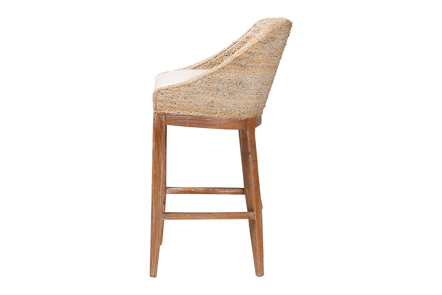 bali & pari Jasper Seagrass Bar Stool with Mahogany Wood Frame - Coastal Seating with Woven Wingback and Cushioned Seat for Bar Island or Lounge, Whitewash