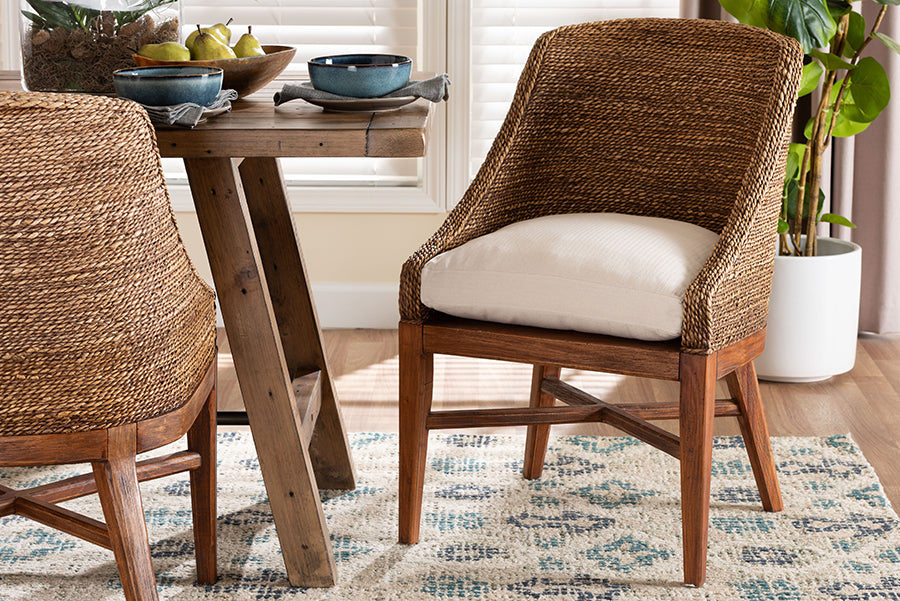 bali & pari Jasper Seagrass Dining Chair with Mahogany Wood Frame - Coastal Accent Chair with Woven Wingback and Cushioned Seat for Dining Room or Kitchen, Brown Wash