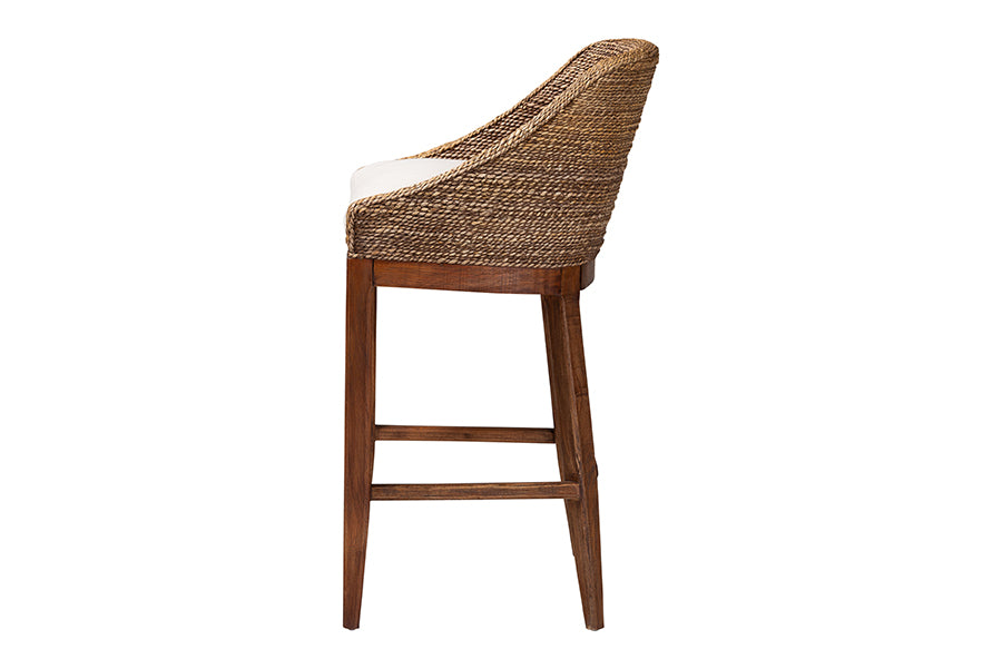 bali & pari Jasper Seagrass Bar Stool with Mahogany Wood Frame - Coastal Seating with Woven Wingback and Cushioned Seat for Bar Island or Lounge, Brown Wash