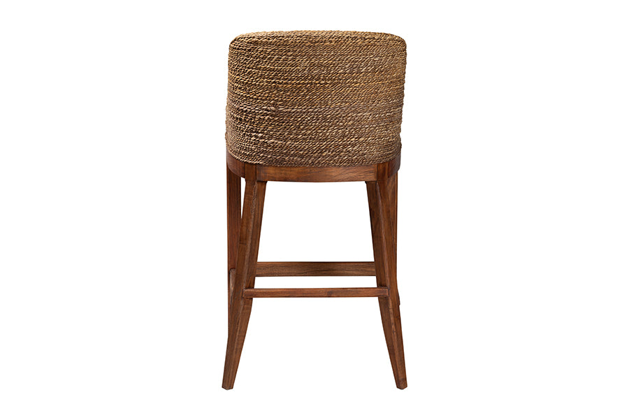 bali & pari Jasper Seagrass Bar Stool with Mahogany Wood Frame - Coastal Seating with Woven Wingback and Cushioned Seat for Bar Island or Lounge, Brown Wash